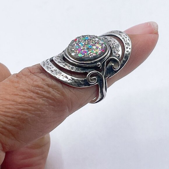 925 Handcrafted Sterling Silver & Glittery Resin Statement Ring By PZ Israel 6.5 - Picture 4 of 7